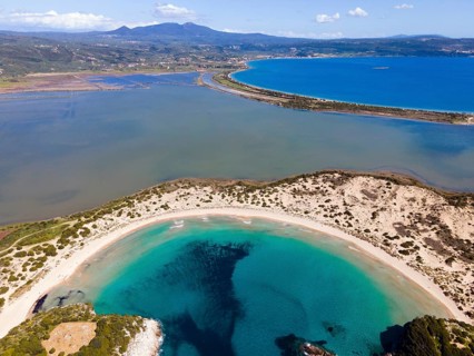 Drone shot, Voidokilia Bay, Voidokilia Bay, Ox Belly Bay, Pylos, Messinia, Peloponnese, Greece,