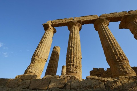 Super wide angle shot, columns, chapter, entablature, Hera temple, blue sky, late afternoon light,