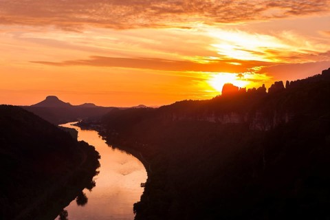 DEU Saxony Bad Schandau Sunset at the Kleine Bastei in the Schrammstein area
