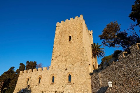 Morning light, Castello di Venere, Norman fortress, tower, close, blue cloudless sky, Erice,