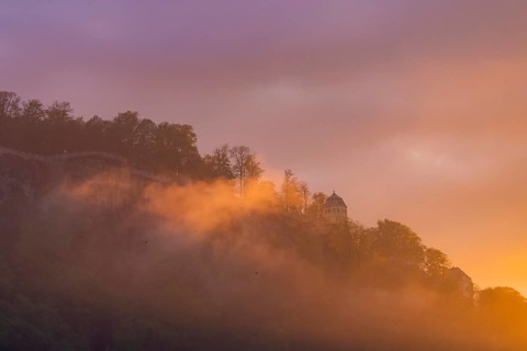 Sunset over the Königstein. Königstein Fortress is one of the largest mountain fortresses in Europe