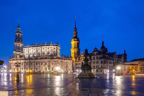 Court Church, Residence Palace, Hausmann Tower, King Johann Monument and Schinkel Guard at