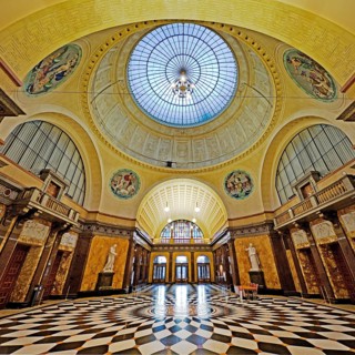 Foyer with glass dome in the spa hotel and Casino in the evening, Wiesbaden, Hesse, Germany, Europe