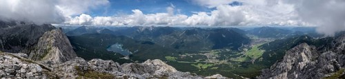 Alpine panorama, view of Eibsee lake and Werdenfelser Land, Wetterstein Mountains,
