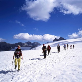 DEU, Germany: The historical slides from the times 80-90s, Alps. Mountaineer crossing a glacier.