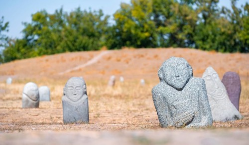 Balbals, historical gravestones in the shape of human faces, near Tokmok, Chuy, Kyrgyzstan, Asia