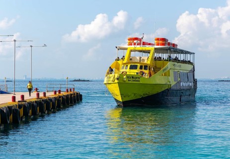 Ultramar ferry boat arriving at Isla Mujeres, Caribbean Coast, Cancun, Quintana Roo, Mexico,