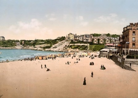 Beach and Casino, Dinard, Brittany, France, c. 1890, Historic, digitally enhanced reproduction of a