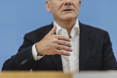 Olaf Scholz (SPD), Federal Chancellor, recorded at a federal press conference on current domestic