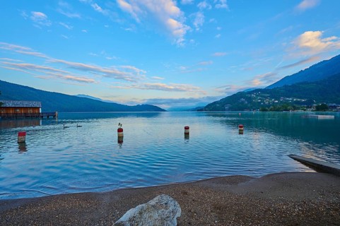 Lake shore, reflection, boathouse, sky, clouds, sunrise, summer, Lake Millstatt, Döbriach,