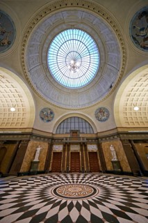 Foyer with glass dome in the spa hotel and Casino in the evening, Wiesbaden, Hesse, Germany, Europe