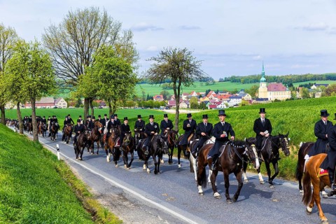 Easter riding procession in Crostwitz, Easter riding in Lusatia. Procession from Crostwitz to