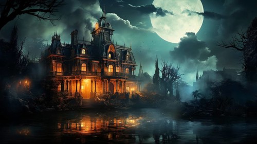 Halloween haunted mansion dimly lit amongst the foggy trees, generative AI