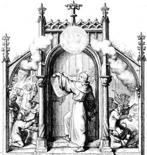 Martin Luther slams the 95 theses on the church door in Wittenberg (centre), indulgence preacher