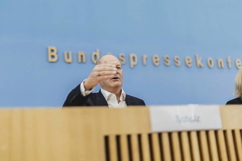 Olaf Scholz (SPD), Federal Chancellor, recorded at a federal press conference on current domestic
