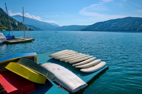 Surfboards, boats, shore, wooden jetty, summer, Lake Millstatt, Millstatt, Carinthia, Austria,