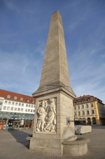 Obelisk fountain with relief at the market place, market fountain, obelisk, Würzburg, Lower
