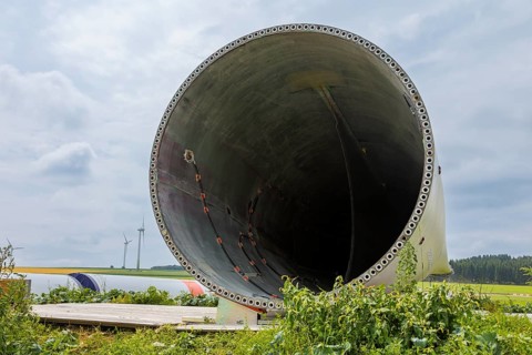 Components for a new giant wind turbine in Voigtsdorf. 80 m long rotor blade made of plastic