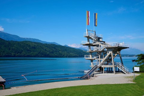Lake, outdoor pool, diving tower, swimming chain, summer, Lake Millstatt, Millstatt, Carinthia,