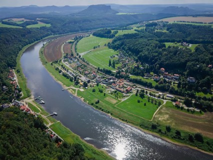 Rathen on the Elbe withView from the new viewing platform on the Bastei to the Lilienstein, Rathen,