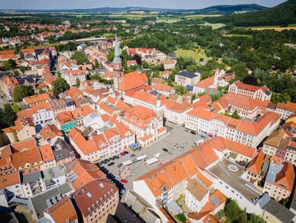 Aerial view of Löbau city centre. Löbau is a large district town in the district of Görlitz in