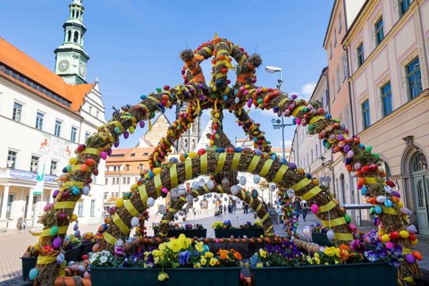 The old town of Pirna decorated for Easter. Since reunification, numerous historically valuable