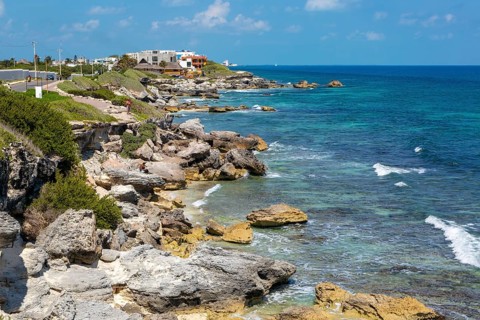 Coastal landscape looking north, Isla Mujeres, Caribbean Coast, Cancun, Quintana Roo, Mexico,