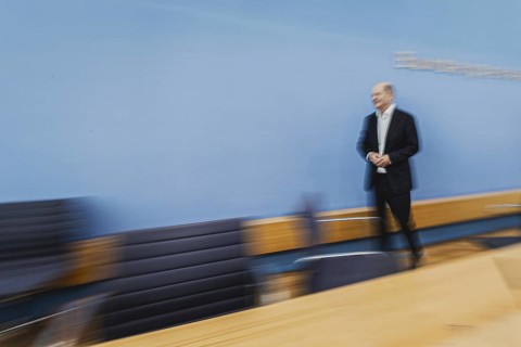 Olaf Scholz (SPD), Federal Chancellor, recorded at a federal press conference on current domestic