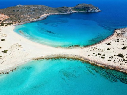 Drone shot, double bay of Simos beach, Sarakiniko beach, Elafonisos, Deer Island, Laconia,