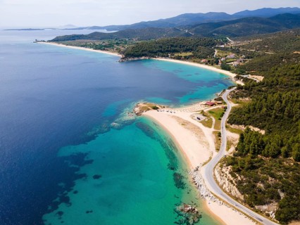 Aerial view, Ema beach umd Toroni beach, Toroni, Torone, Sithonia, Chalkidiki, Central Macedonia,