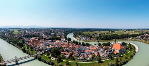 Drone shot, Art Nouveau Salzach bridge between Oberndorf bei Salzburg and Laufen an der Salzach,