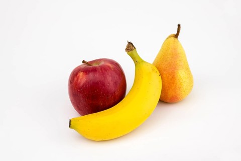 Apple and pear, studio shot, white background, healthy food