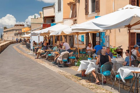 Restaurant at the city wall, Alghero, Sassari province, Sardinia, Italy, Alghero, Sardinia, Italy,