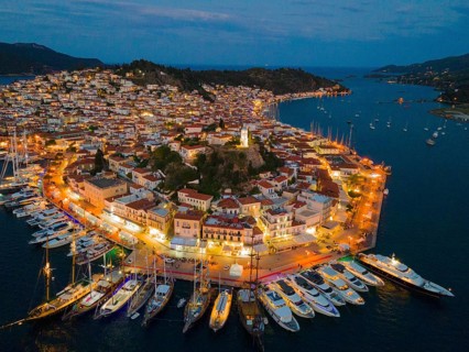 Aerial view, blue hour, Poros, Poros Island, Saronic Islands, Peloponnese, Greece, Europe