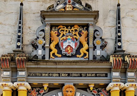 Portal Detail with Town Coat of Arms at Münden Town Hall, Weser Renaissance, Hann. Münden or
