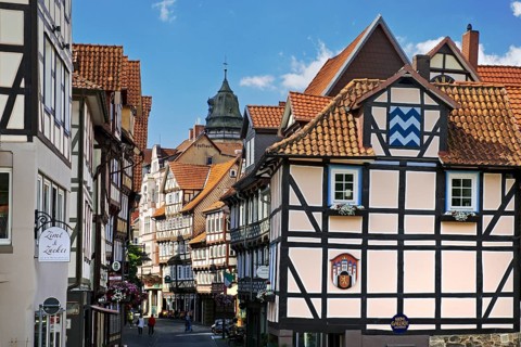 Half-timbered houses in the old town, Deutsche Fachwerkstrasse, Hann. Münden or Hannoversch Münden,