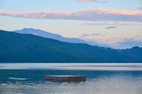 Lake, bathing raft, sky, clouds, twilight, sunrise, summer, Lake Millstatt, Döbriach, Carinthia,