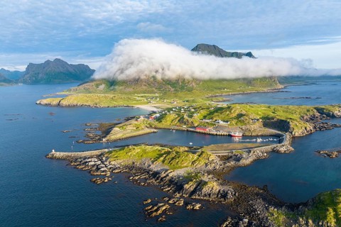 Fishing village Hovden, coast, fjords and mountains, Langoya island, Vesteralen archipelago,