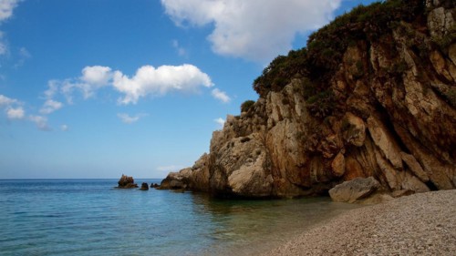 Bay, shady, rocks, pebble beach, blue sky, white clouds, Zingaro, national park, nature reserve,