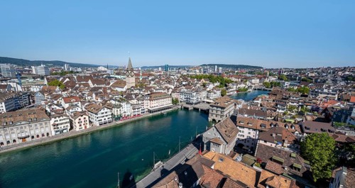View over the old town of Zurich with the river Limmat, from the tower of the Grossmünster, Zurich