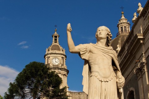 Sculpture, Dome, Cathedral, Catania, Old Town, Baroque Old Town, East Coast, Sicily, Italy, Europe