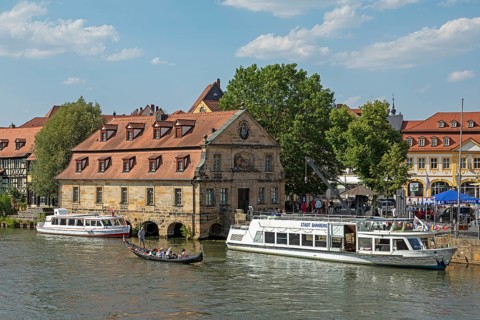 Gondolier, boat, excursion boats, Regnitz, Alter Schlachthof, harbour, Bamberg, Upper Franconia,
