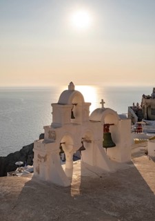 Bell Tower and Sea at sunset, Ia, Oia, Santorini, Greece, Europe