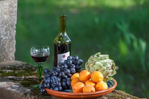 Still Life with with Fruit Bowl and Red Wine, Provence, France, Europe