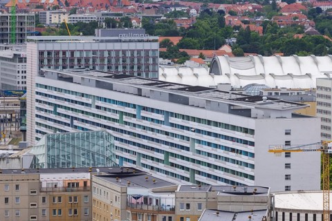 View from the Town Hall Tower over the inner Old Town to Prager Strasse with the new buildings from