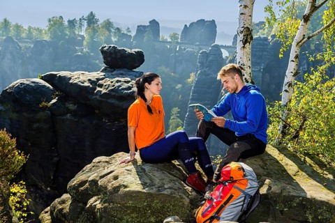 Climbers in Rathen in Saxon Switzerland
