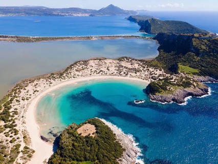 Drone shot, Voidokilia Bay, Voidokilia Bay, Ox Belly Bay, Pylos, Messinia, Peloponnese, Greece,