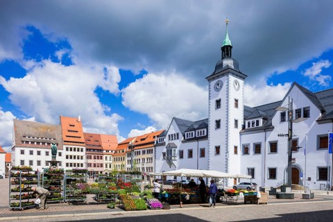 Obermarkt with town hall and fountain monument by, Otto the Rich is the town founder