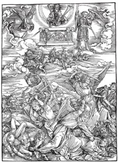 Picture cycle The Apocalypse, the battle of the angels, woodcut by Albrecht Dürer, historical,