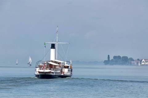 Historic paddle steamer, steamship Hohentwiel on Lake Constance, Lindau, Bavaria, Germany, Europe